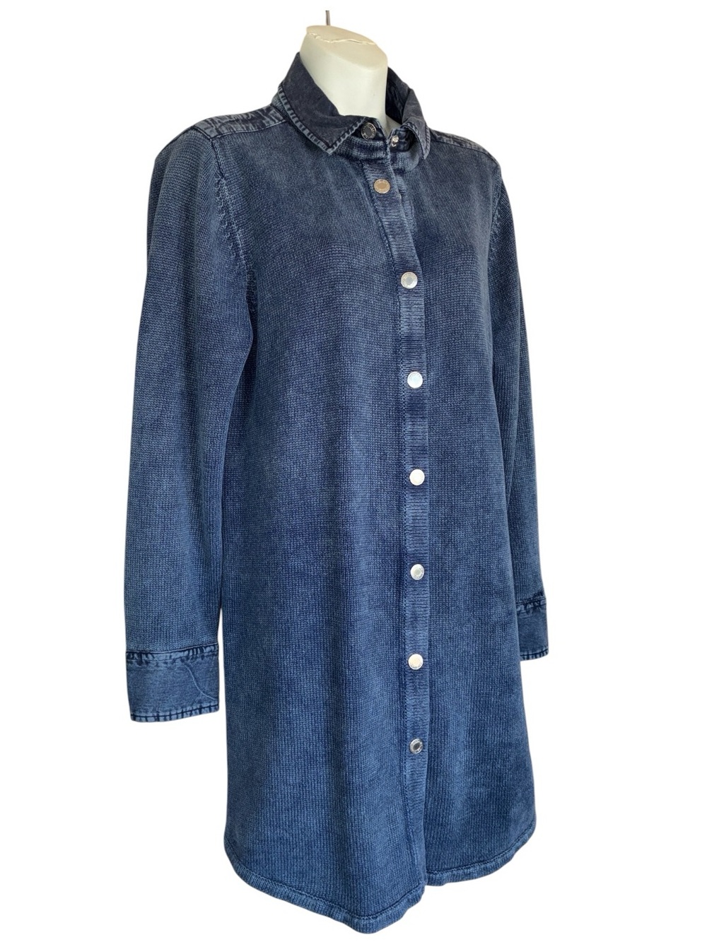 PBJ BLUES Long Cardigan Sweater, acid wash blue, denim collar/cuffs, Snaps. L